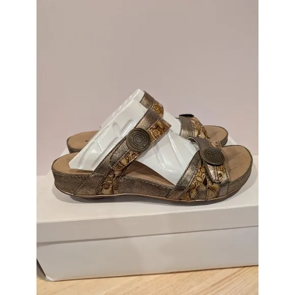 Romika Leather Flat Sandals Straps Hook Loop Slip On Womens 6-6.5 EU 37 Bronze