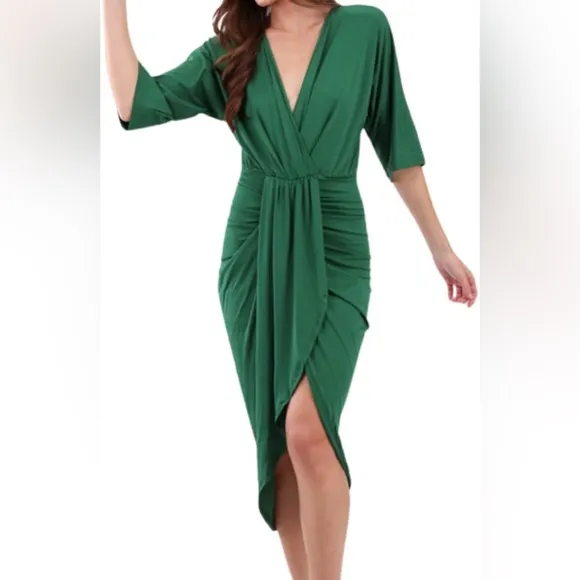 Rooscier Women's Deep V Neck Wrap Slit Hem Ruched Bodycon Sexy Party Midi Dress