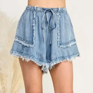 SAGE FIG Frayed Drawstring Denim Shorts