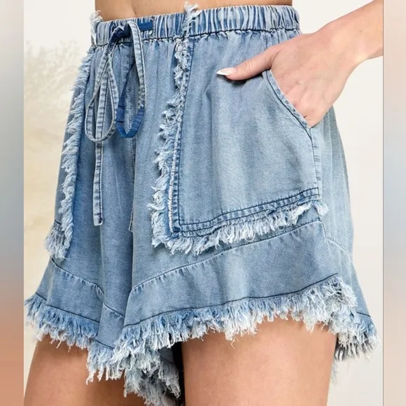 SAGE FIG Frayed Drawstring Denim Shorts