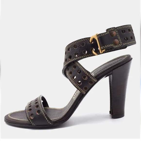 Salvatore Ferragamo Brown Leather Ankle Wrap Heeled Sandals 9.5 Perforated Strap