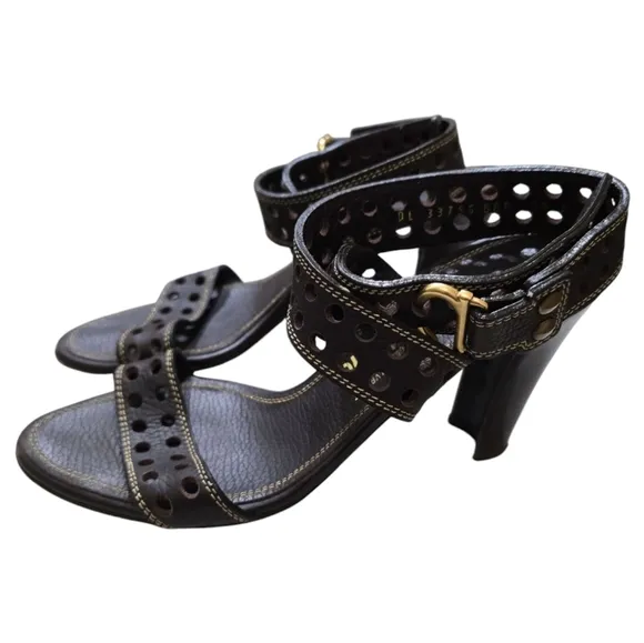 Salvatore Ferragamo Brown Leather Ankle Wrap Heeled Sandals 9.5 Perforated Strap