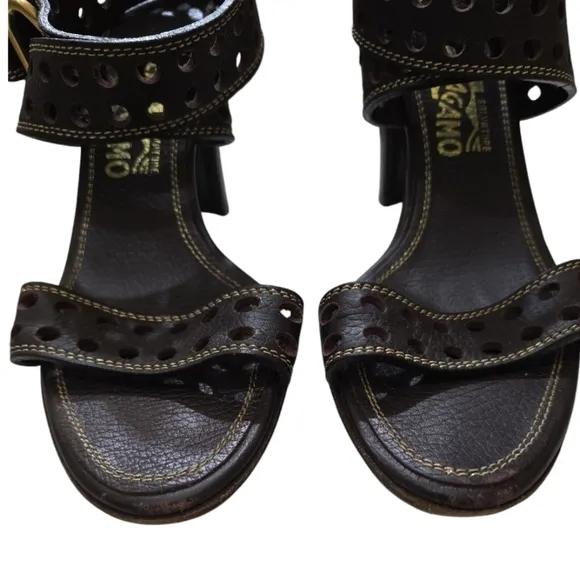 Salvatore Ferragamo Brown Leather Ankle Wrap Heeled Sandals 9.5 Perforated Strap