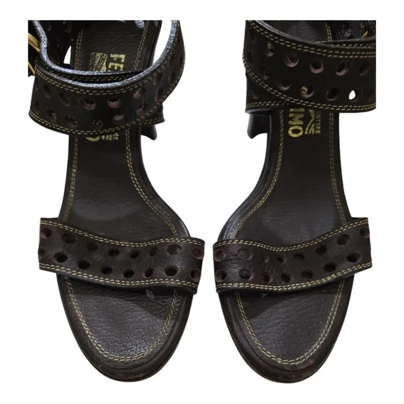 Salvatore Ferragamo Brown Leather Ankle Wrap Heeled Sandals 9.5 Perforated Strap