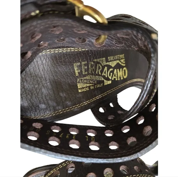 Salvatore Ferragamo Brown Leather Ankle Wrap Heeled Sandals 9.5 Perforated Strap
