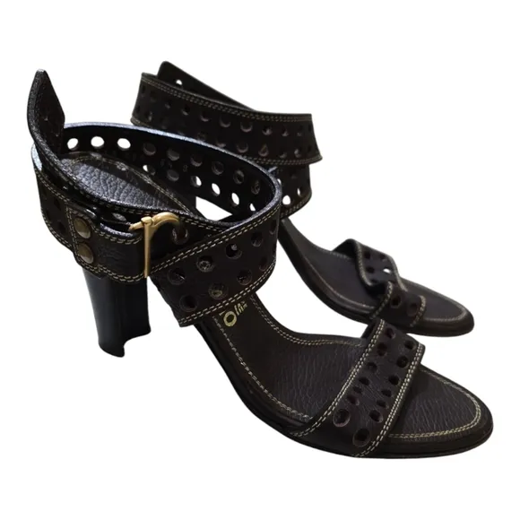 Salvatore Ferragamo Brown Leather Ankle Wrap Heeled Sandals 9.5 Perforated Strap