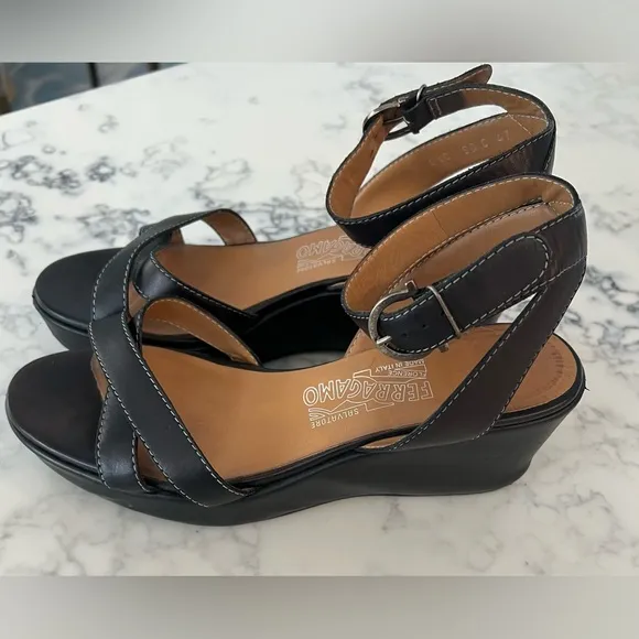 Salvatore Ferragamo Brown Leather Wedge Ankle Strap Sandals Size 8 1/2 EUC