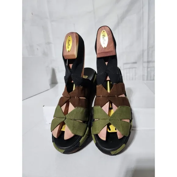 SALVATORE FERRAGAMO Colorblock Pattern Slingback Sandals Green/Brown/Black Size