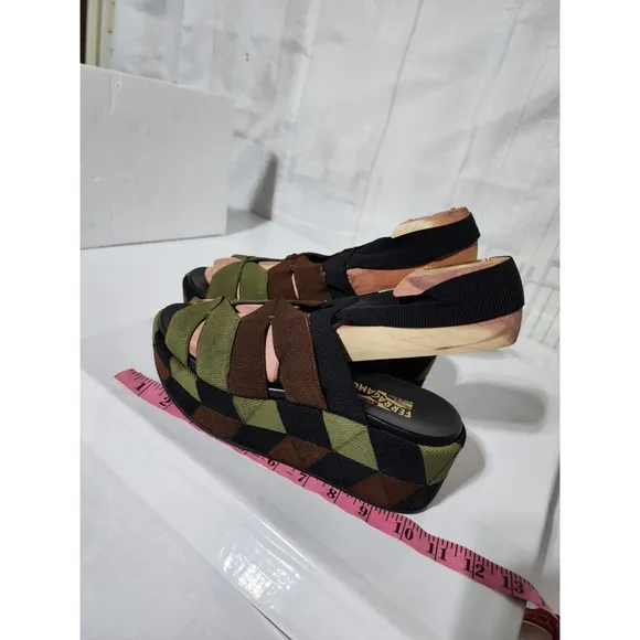 SALVATORE FERRAGAMO Colorblock Pattern Slingback Sandals Green/Brown/Black Size
