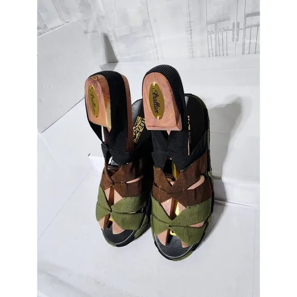 SALVATORE FERRAGAMO Colorblock Pattern Slingback Sandals Green/Brown/Black Size