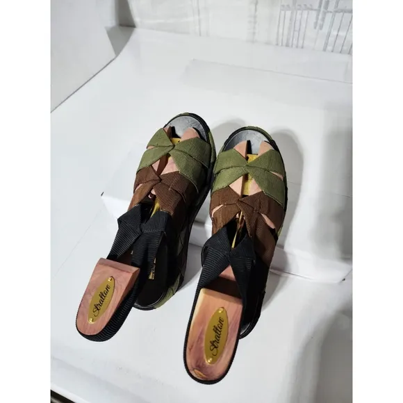 SALVATORE FERRAGAMO Colorblock Pattern Slingback Sandals Green/Brown/Black Size