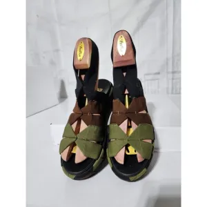 SALVATORE FERRAGAMO Colorblock Pattern Slingback Sandals Green/Brown/Black Size