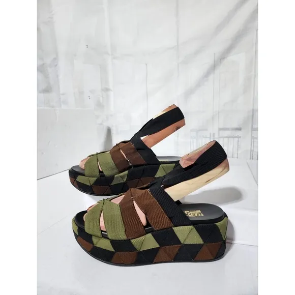 SALVATORE FERRAGAMO Colorblock Pattern Slingback Sandals Green/Brown/Black Size