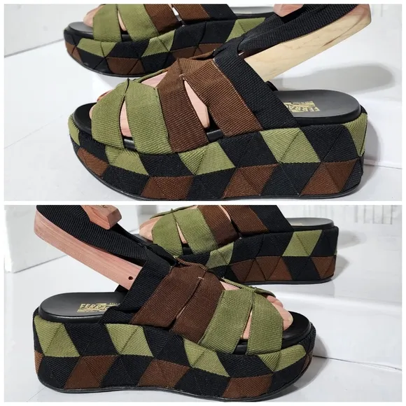 SALVATORE FERRAGAMO Colorblock Pattern Slingback Sandals Green/Brown/Black Size