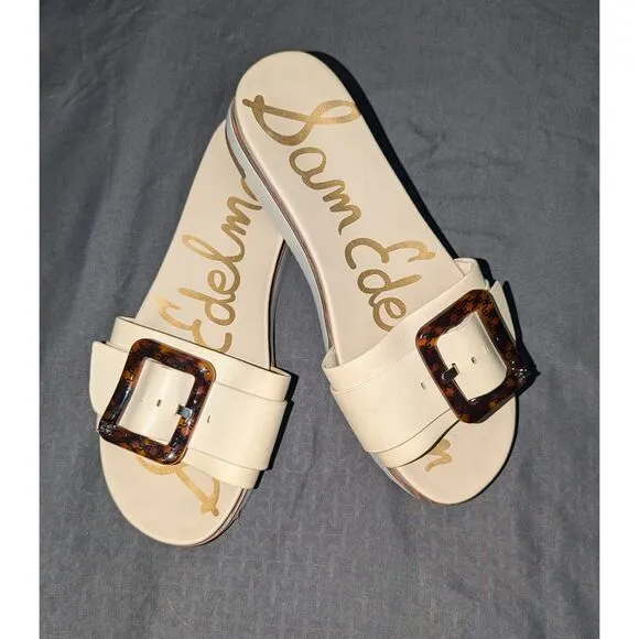 Sam Edelman Ariane Leather Square Buckle Slide Cream Sandals Women's Size 8 M