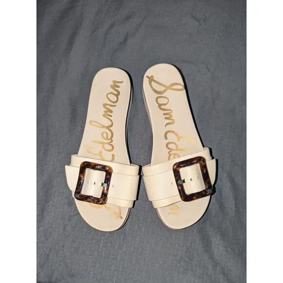 Sam Edelman Ariane Leather Square Buckle Slide Cream Sandals Women's Size 8 M