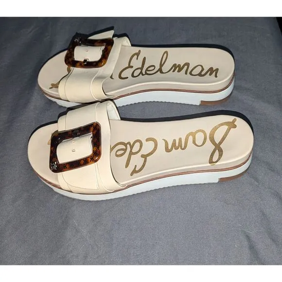 Sam Edelman Ariane Leather Square Buckle Slide Cream Sandals Women's Size 8 M