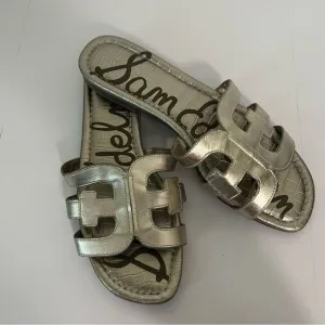 Sam Edelman Bay Metallic Silver Slide Sandals Size 9 - Shiny Leather Flats