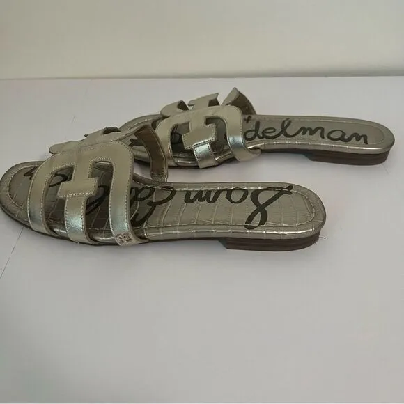 Sam Edelman Bay Metallic Silver Slide Sandals Size 9 - Shiny Leather Flats