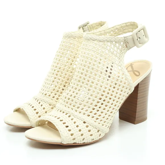 Sam Edelman Evie Basket Weave Heeled Leather Sandals Women 7 Off White/Brown