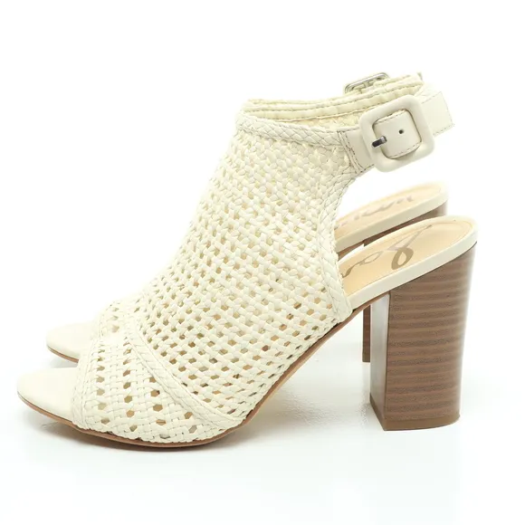 Sam Edelman Evie Basket Weave Heeled Leather Sandals Women 7 Off White/Brown