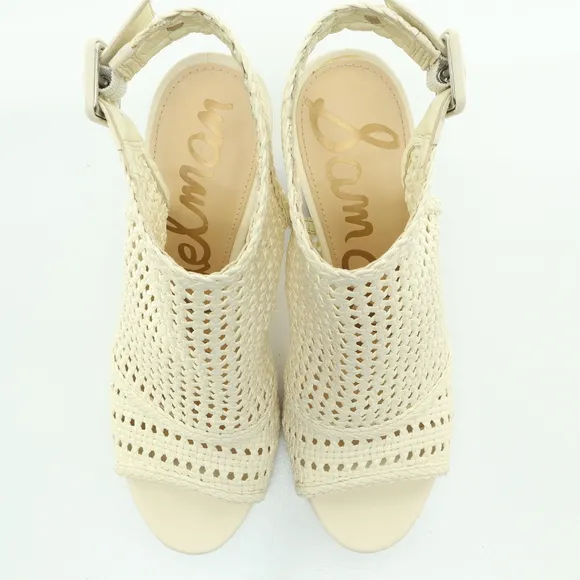 Sam Edelman Evie Basket Weave Heeled Leather Sandals Women 7 Off White/Brown