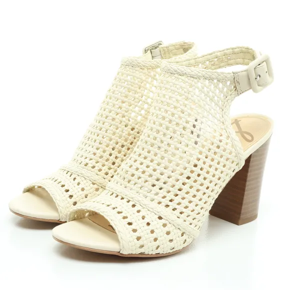Sam Edelman Evie Basket Weave Heeled Leather Sandals Women 7 Off White/Brown