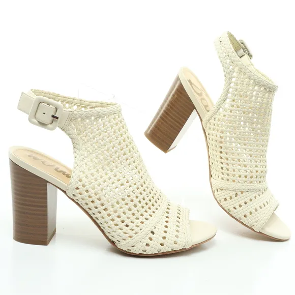 Sam Edelman Evie Basket Weave Heeled Leather Sandals Women 7 Off White/Brown