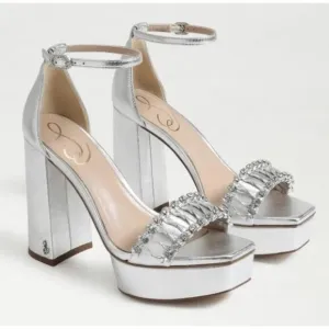 Sam Edelman High Ankle Heel Platform Silver &amp; Crystals Sandals Size 11M NWOB