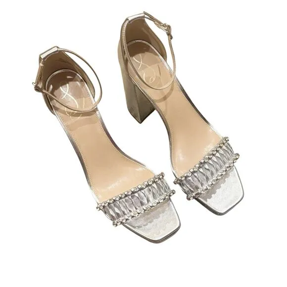 Sam Edelman High Ankle Heel Platform Silver &amp; Crystals Sandals Size 11M NWOB