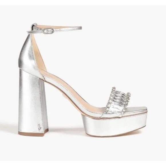 Sam Edelman High Ankle Heel Platform Silver &amp; Crystals Sandals Size 11M NWOB