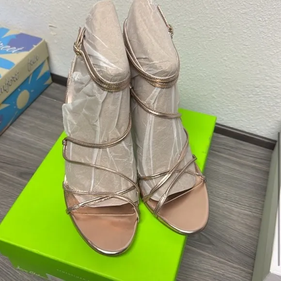 Sam Edelman Sareena Champagne Stiletto Heel Open Toe Ankle Strap Heeled Sandals