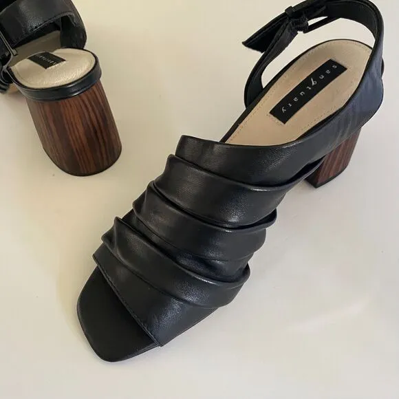 Sanctuary Women's Sa-Regal Heeled  Asymmetric Sandals Black Soft Leather 9M