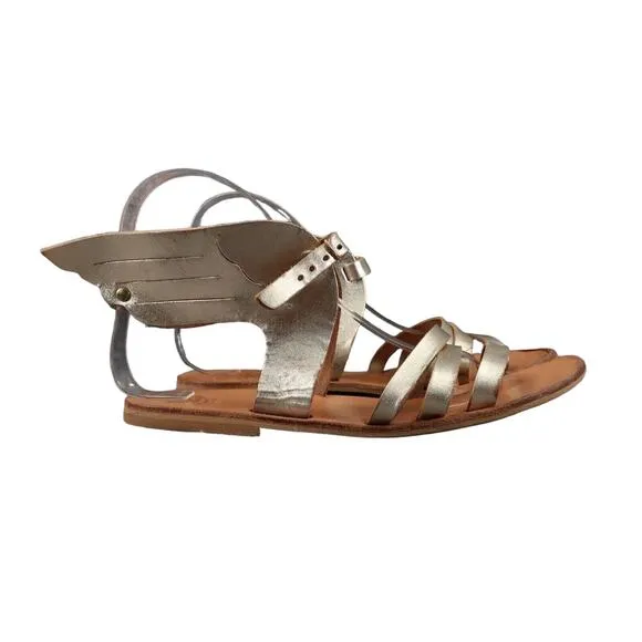 Sandals Women 38 Wings Leather Buckle Strap Handmade Greek Metallic Boho Fashion
