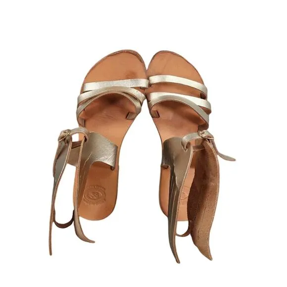 Sandals Women 38 Wings Leather Buckle Strap Handmade Greek Metallic Boho Fashion