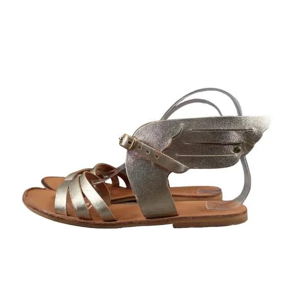 Sandals Women 38 Wings Leather Buckle Strap Handmade Greek Metallic Boho Fashion