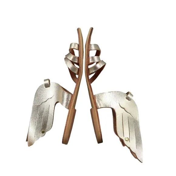 Sandals Women 38 Wings Leather Buckle Strap Handmade Greek Metallic Boho Fashion