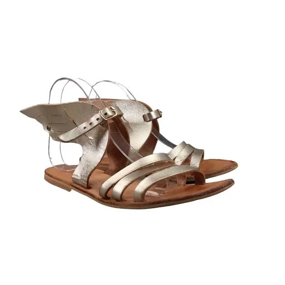 Sandals Women 38 Wings Leather Buckle Strap Handmade Greek Metallic Boho Fashion