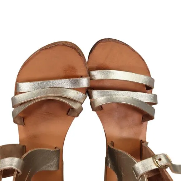Sandals Women 38 Wings Leather Buckle Strap Handmade Greek Metallic Boho Fashion