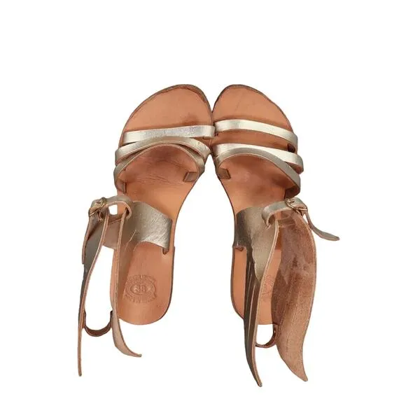Sandals Women 38 Wings Leather Buckle Strap Handmade Greek Metallic Boho Fashion
