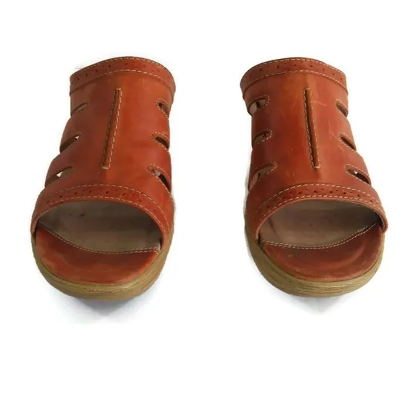 Sanita Nina Brown Leather Slip On Clogs Peekaboo Slide Sandals Size 10.5