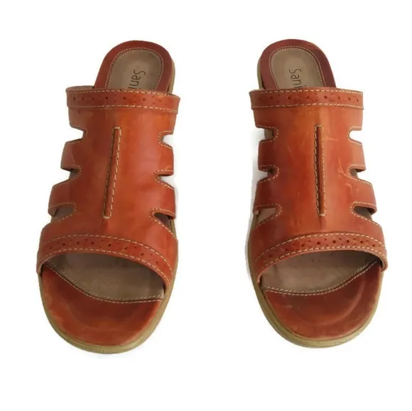 Sanita Nina Brown Leather Slip On Clogs Peekaboo Slide Sandals Size 10.5