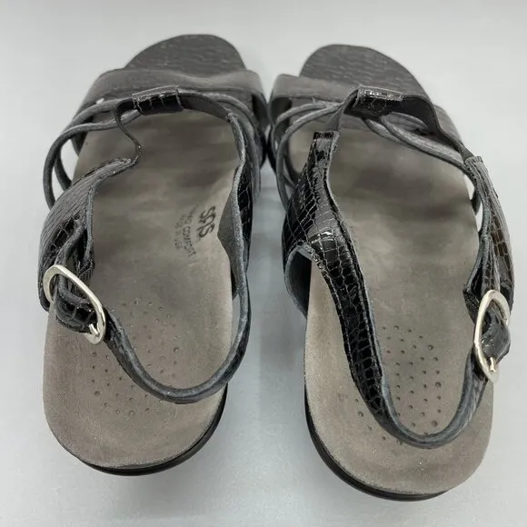 SAS Allegro Sandals Croc Embossed Leather Comfort Strappy Black Womens 10 Wide