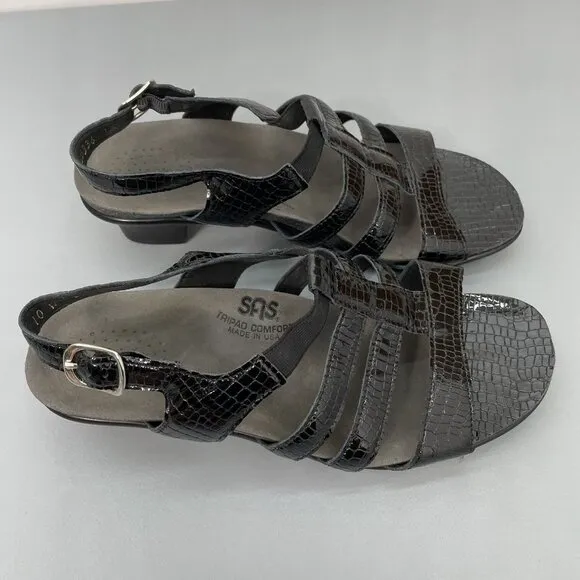 SAS Allegro Sandals Croc Embossed Leather Comfort Strappy Black Womens 10 Wide