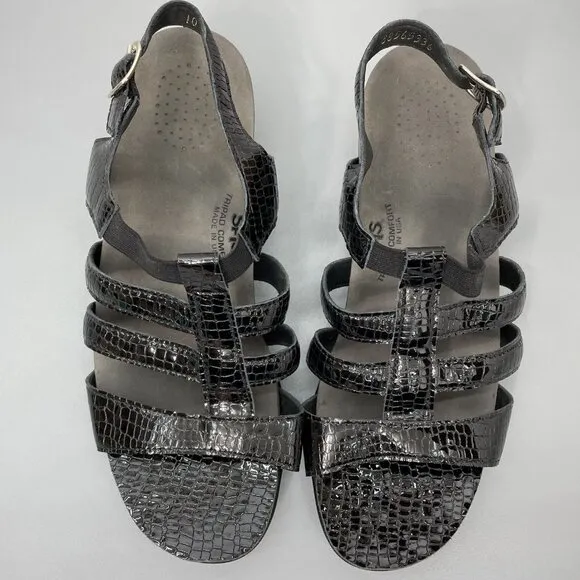 SAS Allegro Sandals Croc Embossed Leather Comfort Strappy Black Womens 10 Wide
