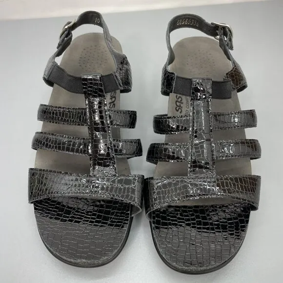 SAS Allegro Sandals Croc Embossed Leather Comfort Strappy Black Womens 10 Wide
