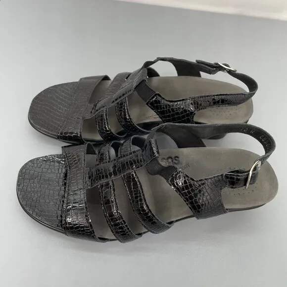 SAS Allegro Sandals Croc Embossed Leather Comfort Strappy Black Womens 10 Wide
