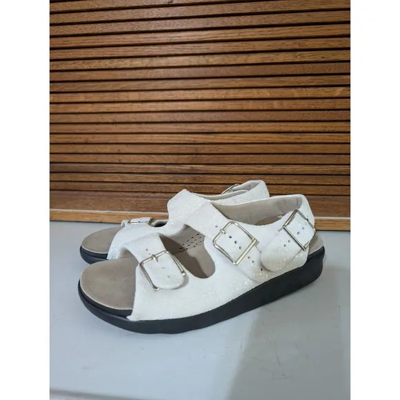 SAS Relaxed Heel Strap Sandal Womens 8 W White Sparkle Leather Tripad Comfort