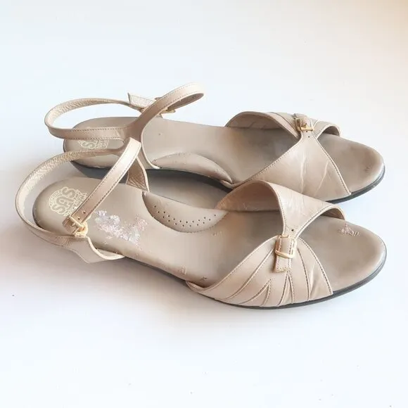 SAS Soft Arch Taupe Leather Open Toe Slingback Comfort Low Wedge Sandals Size 11