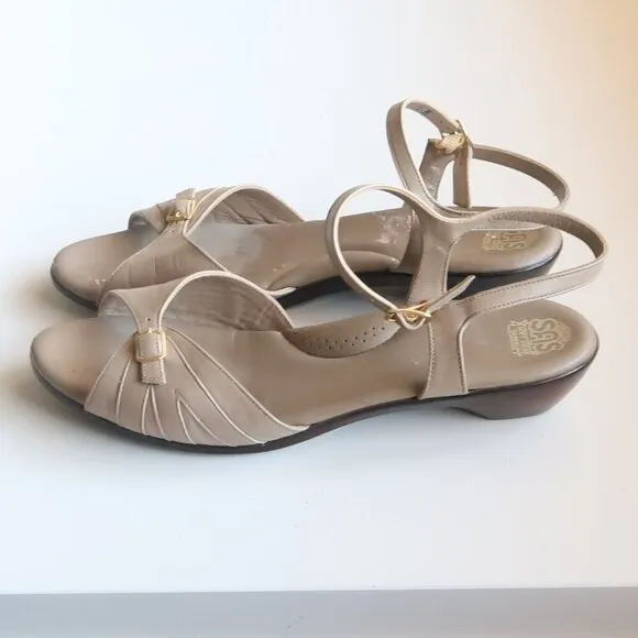 SAS Soft Arch Taupe Leather Open Toe Slingback Comfort Low Wedge Sandals Size 11